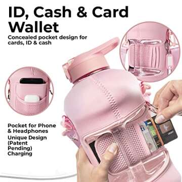 Half Gallon 2.2L Water Bottle With Straw 74oz Large Gym Water Bottle With Storage Sleeve, Bottle Brush, BuiltIn Wallet, Pockets for Phone & AirPod, BPA Free Big Sports Water Jug w/Carry Handle, Pink