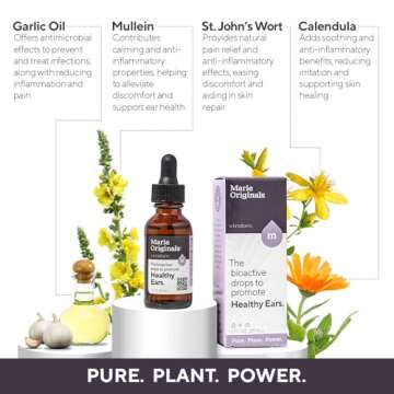 Marie Originals Natural Ear Oil Drops | Mullein Garlic Oil Ear Drops for Infections Prevention, Herbal Ear Ache Drops for Adults, Kids & Pets, Soothes Ear Pain & Wax Removal, Earache Remedies (1 Pack)