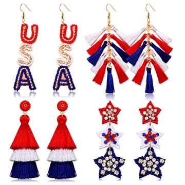PHALIN 4 Pairs 4th of July Earrings American Flag Earrings Patriotic Earrings for Women Handmade Beaded USA Butterfly Star Earrings Layered Tassel Earrings Independence Day Jewelry Gifts (Style A)
