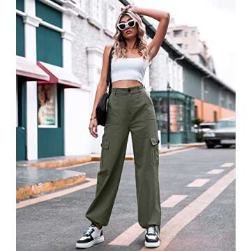 ZMPSIISA Women High Waisted Cargo Pants Wide Leg Casual Pants 6 Pockets Combat Military Trousers(Gre...