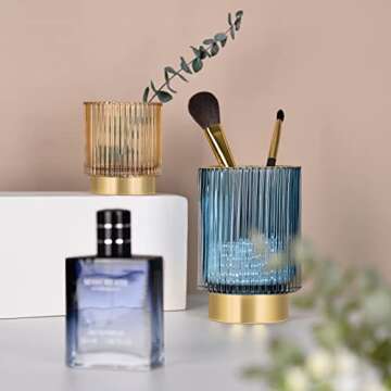 CANITORON Makeup Brush Holder 2 Pack, Glass Cosmetic Makeup Brush Organizer, Storage Organizer for Paint Brush, Pen, Pencil, Eyeliner, Bathroom Counter, Dresser, Bedroom Storage Cup-Amber S+L