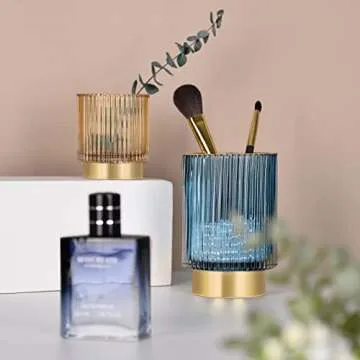 CANITORON Makeup Brush Holder 2 Pack, Glass Cosmetic Makeup Brush Organizer, Storage Organizer for Paint Brush, Pen, Pencil, Eyeliner, Bathroom Counter, Dresser, Bedroom Storage Cup-Amber S+L