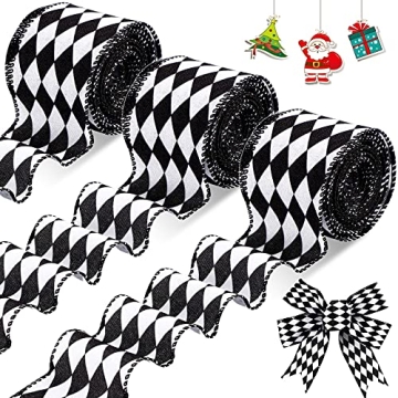 3 Rolls 30 Yards Black White Harlequin Ribbon Checkered Wired Ribbon Decorative Ribbons for Xmas Fal...