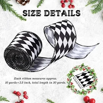 3 Rolls 30 Yards Black White Harlequin Decorative Ribbon