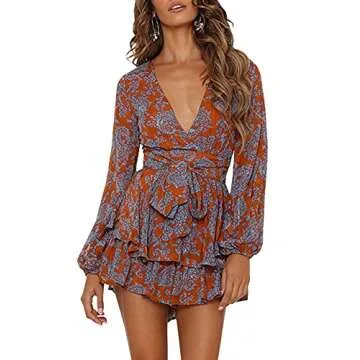 Bonkwa Women's Summer Deep V-Neck Floral Print Romper Long Baggy Sleeves Double Layer Ruffle Hem Short Jumpsuits with Belt