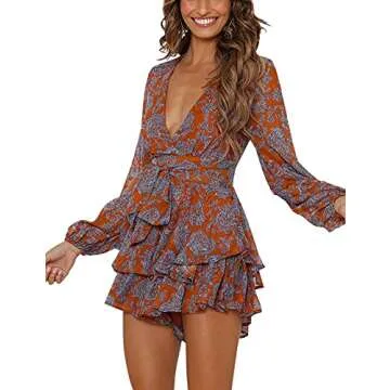 Bonkwa Women's Summer Deep V-Neck Floral Print Romper Long Baggy Sleeves Double Layer Ruffle Hem Short Jumpsuits with Belt
