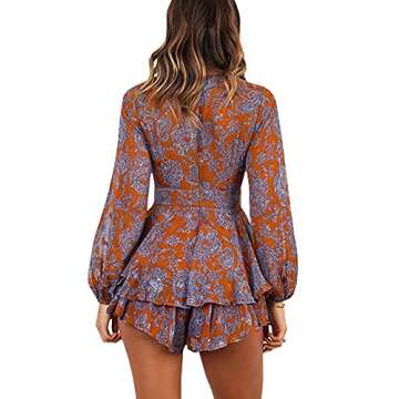 Bonkwa Women's Summer Deep V-Neck Floral Print Romper Long Baggy Sleeves Double Layer Ruffle Hem Short Jumpsuits with Belt