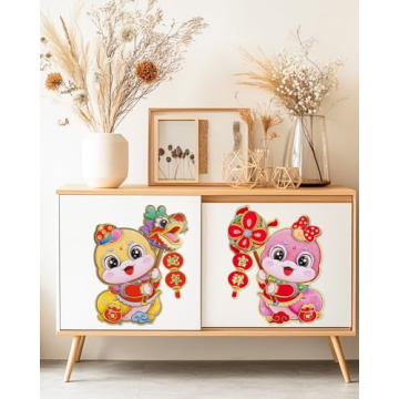 Chinese New Year Decorations 2025 Blessing Door Sticker Decorative New Year Zodiac Snake Character Ornament Wall Window Clings for Home House Restaurant Store Party Decoration, Gold &Pink, Medium