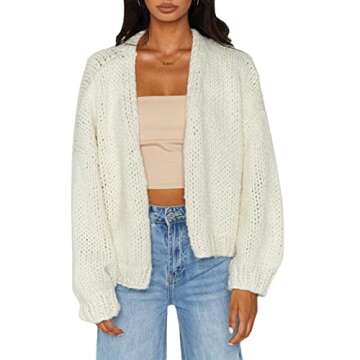 KMBANGI Women Crochet Chunky Sweater Open Front Long Sleeve Cable Knit Cardigan Cute Oversized Jumper Aesthetic Knitwear(White,M)