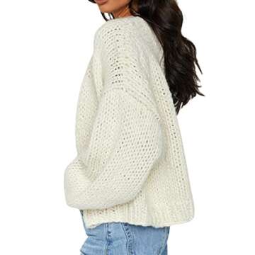 KMBANGI Women Crochet Chunky Sweater Open Front Long Sleeve Cable Knit Cardigan Cute Oversized Jumper Aesthetic Knitwear(White,M)