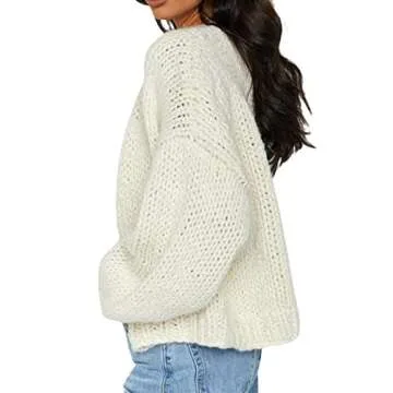 KMBANGI Women Crochet Chunky Sweater Open Front Long Sleeve Cable Knit Cardigan Cute Oversized Jumper Aesthetic Knitwear(White,M)