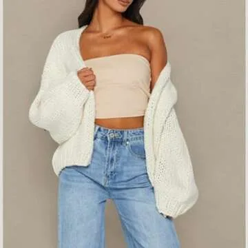 KMBANGI Women Crochet Chunky Sweater Open Front Long Sleeve Cable Knit Cardigan Cute Oversized Jumper Aesthetic Knitwear(White,M)