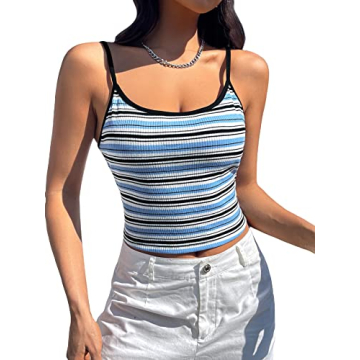 MakeMeChic Women's Striped Crop Cami Top Casual Spaghetti Strap Tank Top Vest Blue L
