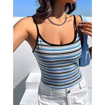 Trendy MakeMeChic Women’s Blue Striped Crop Cami Top