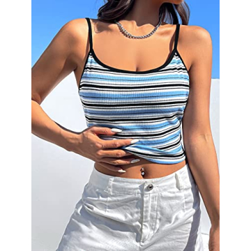 Trendy MakeMeChic Women’s Blue Striped Crop Cami Top