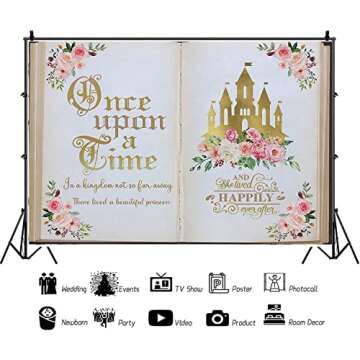 Aumeko Once Upon a Time Backdrop Pink Floral Gold Castle Princess Fairytale Birthday Party Decoratio...