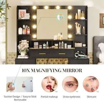 HAUOMS Makeup Vanity with Mirror and Lights, 10x Magnifying Mirror, Glass Top Vanity Desk with Power Outlet, 8 Drawers & 6 Shelves, 3 Light Settings, Wood-Grain Black