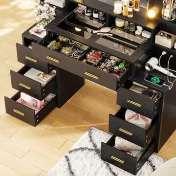 HAUOMS Makeup Vanity with Mirror and Lights, 10x Magnifying Mirror, Glass Top Vanity Desk with Power Outlet, 8 Drawers & 6 Shelves, 3 Light Settings, Wood-Grain Black