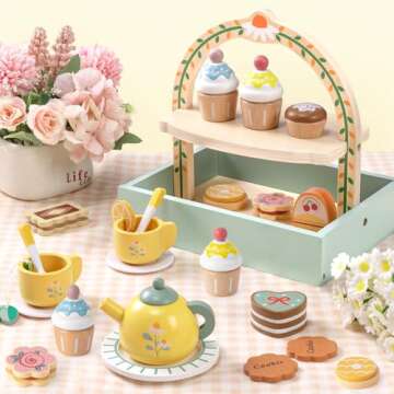 Toyssa Wooden Tea Party Set for Little Girls Toys Toddler Tea Set with Storage Cupcake Stand & Play ...