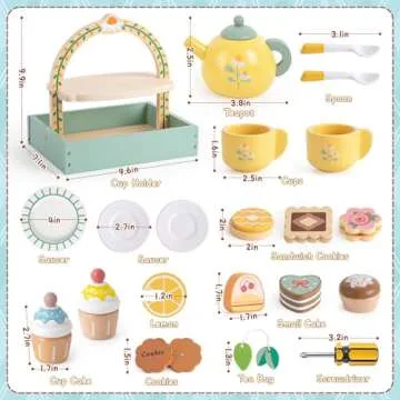 Toyssa Wooden Tea Party Set for Little Girls Toys Toddler Tea Set with Storage Cupcake Stand & Play Kitchen Accessories, Wooden Toys for Toddlers 2 3 4 5 6 Years Old, Birthday Kids Girls Gifts 1-3
