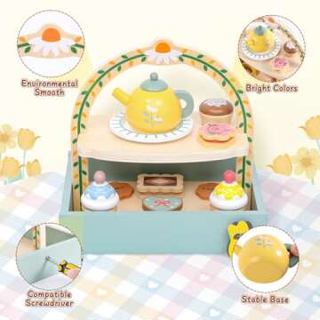 Toyssa Wooden Tea Party Set for Little Girls Toys Toddler Tea Set with Storage Cupcake Stand & Play Kitchen Accessories, Wooden Toys for Toddlers 2 3 4 5 6 Years Old, Birthday Kids Girls Gifts 1-3