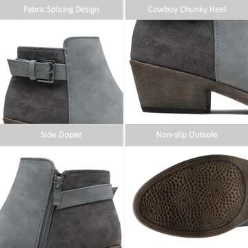 Jeossy Women’s Grey Ankle Short Boots, Western Chunky Low Heel Cowboy 9617 Booties with Zipper, Size 8M US, (DJY9617 Grey 08)