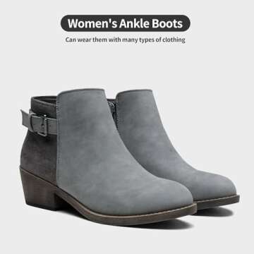 Jeossy Women’s Grey Ankle Short Boots, Western Chunky Low Heel Cowboy 9617 Booties with Zipper, Size 8M US, (DJY9617 Grey 08)