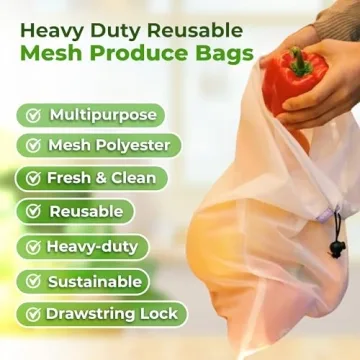purifyou Reusable Produce Bags, Heavy Duty Double Stitched Washable Mesh Grocery Bag with Drawstring, Ideal for Farmers Market, Beach, and Refrigerator Storage, Set of 9 (XL, Large, Small)