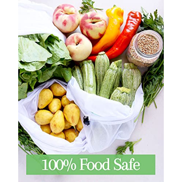 purifyou Reusable Produce Bags, Heavy Duty Double Stitched Washable Mesh Grocery Bag with Drawstring, Ideal for Farmers Market, Beach, and Refrigerator Storage, Set of 9 (XL, Large, Small)