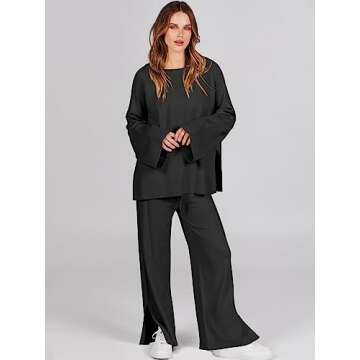 ANRABESS Womens 2 Piece Outfits Oversized Knit Sweater Set Wide Leg Pant Cozy Lounge Matching Pajama...