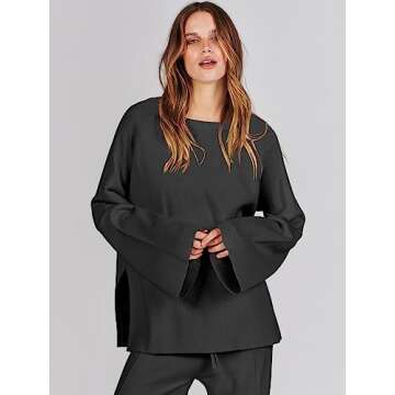 ANRABESS Womens 2 Piece Outfits Oversized Knit Sweater Set Wide Leg Pant Cozy Lounge Matching Pajama Sets 2024 Trendy Clothes Black Medium