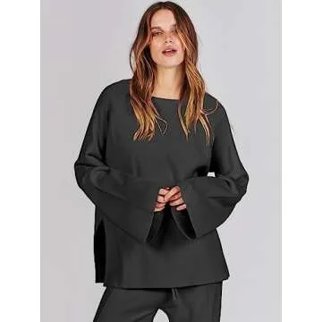 ANRABESS Womens 2 Piece Outfits Oversized Knit Sweater Set Wide Leg Pant Cozy Lounge Matching Pajama Sets 2024 Trendy Clothes Black Medium