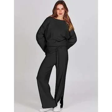ANRABESS Womens 2 Piece Outfits Oversized Knit Sweater Set Wide Leg Pant Cozy Lounge Matching Pajama Sets 2024 Trendy Clothes Black Medium
