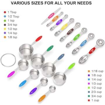 Measuring Cups and Magnetic Measuring Spoons Set, Wildone Stainless Steel 16 Piece Set, 8 Measuring Cups & 7 Double Sided Stackable Magnetic Measuring Spoons & 1 Leveler