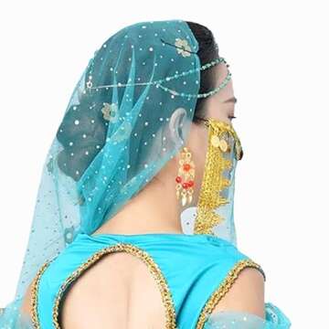 Wuchieal Women's Belly Dance Tribal Face Veil With Halloween Costume Accessory (Peacock Blue)