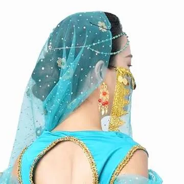 Wuchieal Women's Belly Dance Tribal Face Veil With Halloween Costume Accessory (Peacock Blue)