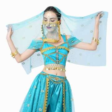 Wuchieal Women's Belly Dance Tribal Face Veil With Halloween Costume Accessory (Peacock Blue)