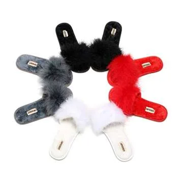 FAYUEKEY Real Fur Slippers for Women Summer Autumn Fluffy Furry Soft Plush Open Toe Slides Flats Shoes (7, Black)