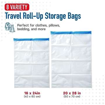 Spacesaver Travel Roll-Up Storage Bags with Double-Zip Seal and Triple-Seal Turbo Valve, Get 80% More Storage - Space Saver Bags for Travel - Compression Bags for Travel (Travel 8 Pack)