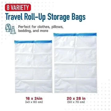 Spacesaver Travel Roll-Up Storage Bags with Double-Zip Seal and Triple-Seal Turbo Valve, Get 80% More Storage - Space Saver Bags for Travel - Compression Bags for Travel (Travel 8 Pack)