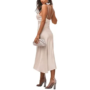 LYANER Women's Satin Spaghetti Straps Cowl Neck Sexy Ruch Cocktail Midi Dresses Beige Small