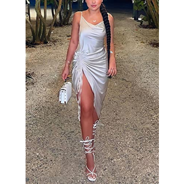 LYANER Women's Satin Spaghetti Straps Cowl Neck Sexy Ruch Cocktail Midi Dresses Beige Small