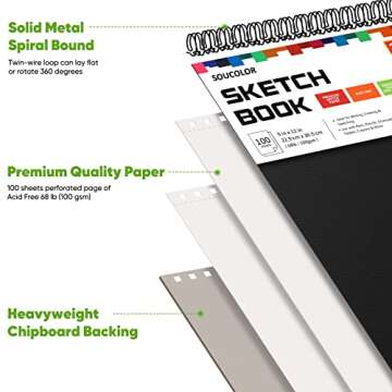 Soucolor 9" x 12" Sketch Book, 1-Pack 100 Sheets Spiral Bound Art Sketchbook, (68lb/100gsm) Acid Fre...