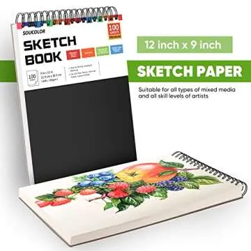 Soucolor 9" x 12" Sketch Book, 1-Pack 100 Sheets Spiral Bound Art Sketchbook, (68lb/100gsm) Acid Free Artist Drawing Book Paper Painting Drawing Writing Sketching Pad for Kids Adult Teens Girls Boys
