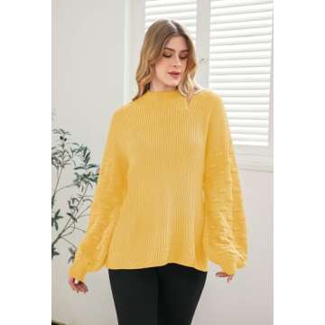 Sovoyontee Women's Yellow Casual Cute Oversized Crewneck Long Puff Sleeve Chunky Knit Pullover Sweater M