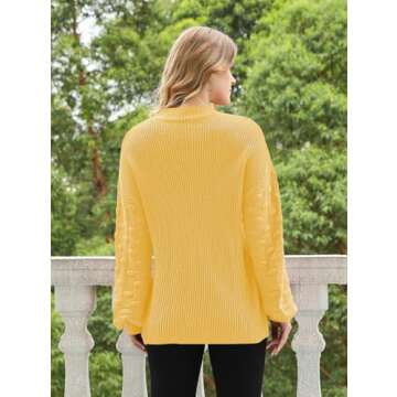 Sovoyontee Women's Yellow Casual Cute Oversized Crewneck Long Puff Sleeve Chunky Knit Pullover Sweater M