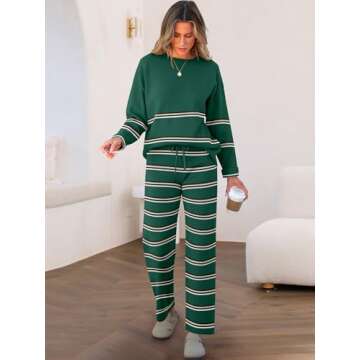 Caracilia Women's 2 Piece Outfits Sweater Sets Striped Oversized Sweaters Knit Wide Leg Pant Lounge Set 2024 Fall Outfits Green L