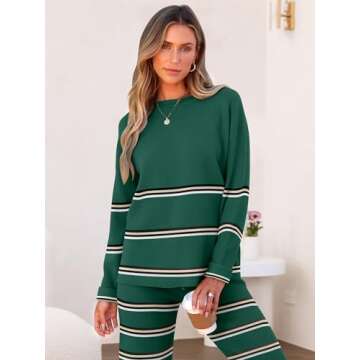 Caracilia Women's 2 Piece Outfits Sweater Sets Striped Oversized Sweaters Knit Wide Leg Pant Lounge Set 2024 Fall Outfits Green L