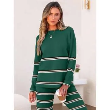 Caracilia Women's 2 Piece Outfits Sweater Sets Striped Oversized Sweaters Knit Wide Leg Pant Lounge Set 2024 Fall Outfits Green L