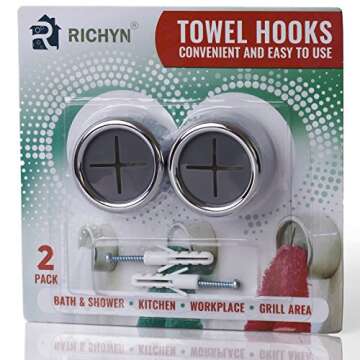 RICHYN Kitchen Towel Hooks – Set of 2 self Adhesive Towel Hook – Premium Chrome Finish & Easy Installation – Firmly Holds Towel Without Tearing – Ideal as Bathroom, Shower or Outdoor Towel Holders